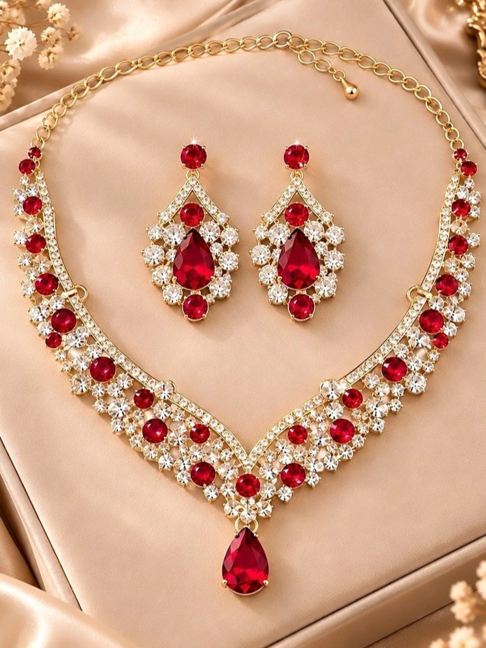 Red Crystal Necklace Earrings Set Gold Ton Jewelry Prom Wedding Holiday